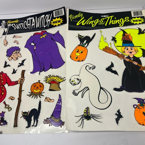 VTG 1996 Prismatix Halloween Vinyl Window  Clings Owl Bat Scarecrow Pumpkin Cats - Picture 1 of 11